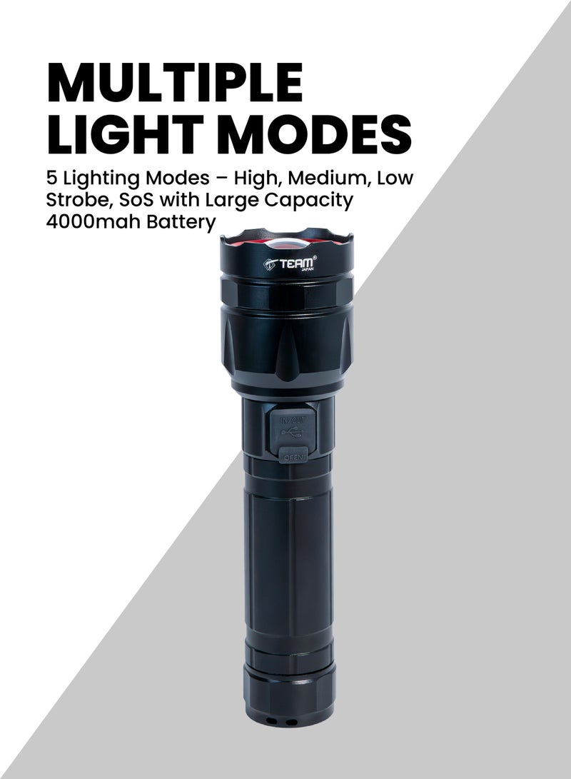 TEAM Zoomable LED Flashlight, 15W High Power Torch, 550 Lumens, Rechargeable 4000mAh Battery, Type-C Fast Charging, Aircraft Aluminum Body, 4 Modes, Waterproof, Long Range 1500m - Image 4